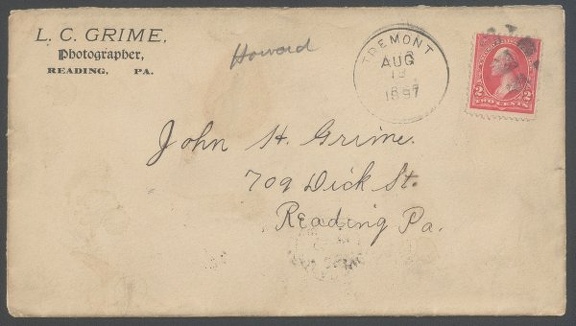 Item no. P290 (cover)
Type: cover
Country: USA
Date of use: 19 August 1897
Business stationery (cover) used by the photographer L. C. GRIME in Reading (Pennsylvania, USA).
Item_no._p290__cover_.jpg