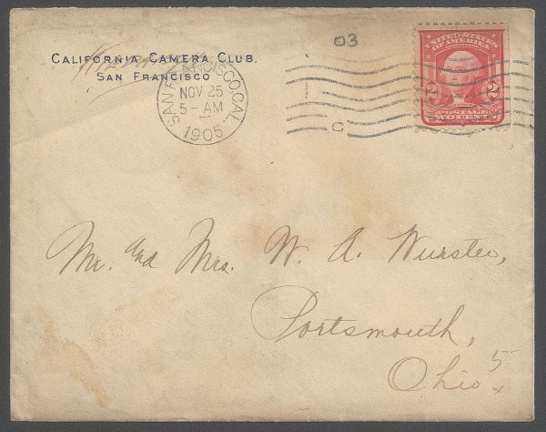 Item no. P293 (cover)
Type: cover
Country: USA
Date of use: 25 November 1905
Business stationery (cover) used by CALIFORNIA CAMERA CLUB in San Francisco (USA)
Item_no._p293__cover_.jpg