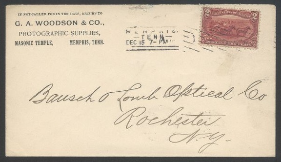 Item no. P317 (cover)
Type: cover
Country: USA
Date of use: 15 December 1898
Business stationery (cover) used by the company G. A. WOODSON & CO., in Memphis (Tennessee, USA), supplier of photographic equipment and materials.
Item_no._p317__cover_.jpg