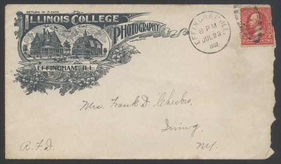 Item no. P321 (cover)
Type: cover
Country: USA
Date of use: 23 July 1902
Business stationery (cover) used by the ILLINOIS COLLEGE OF PHOTOGRAPHY in Effingham (Illinois, USA).
Item_no._p321__cover_.jpg