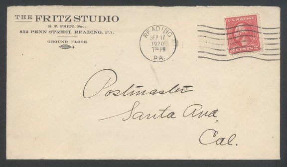 Item no. P326 (cover)
Type: cover
Country: USA
Date of use: 17 September 1920
Business stationery (cover) used by THE FRITZ STUDIO in Reading (Pennsylvania, USA), photographic studio owned by R. F. Fritz, Pro.
Item_no._p326__cover_.jpg