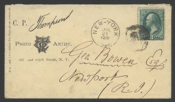 Item no. P327 (cover)
Type: cover
Country: USA
Date of use: 1871
Business stationery (cover) used by C. P. THOMPSON Photo Artist in New York (USA).
Item_no._p327__cover_.jpg