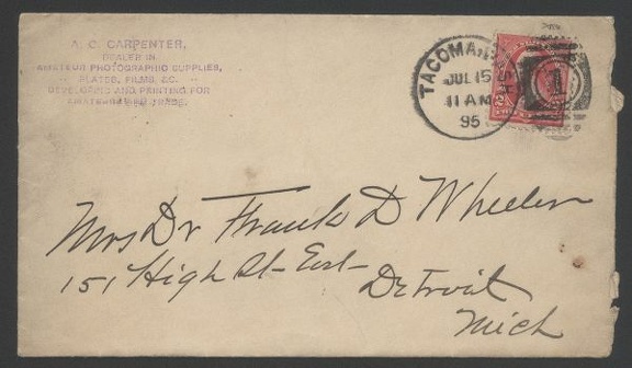 Item no. P329a (cover)
Type: cover
Country: USA
Date of use: 15 July 1895
Business stationery (cover + letter) used by A. C. CARPENTER dealer in amateur photographic supplies and photofinisher in Tacoma (USA).
The cover contained private congratulation letter addressed to a friend who’s got recently married.
Item_no._p329a__cover_.jpg