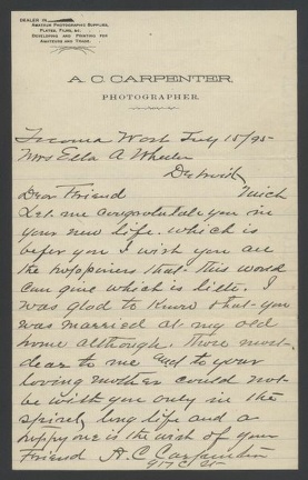 Item no. P329b (letter)
Type: letter
Country: USA
Date of use: 15 July 1895
Business stationery (cover + letter) used by A. C. CARPENTER dealer in amateur photographic supplies and photofinisher in Tacoma (USA).
The cover contained private congratulation letter addressed to a friend who’s got recently married.
Item_no._p329b__letter_.jpg
