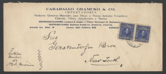 Item no. P310 (cover)
Type: cover
Country: Venezuela
Date of use: 1913
Business stationery (cover) used by the company CARABALLO GRAMCKO & CO. in Caracas (Venezuela), importers of chemical and photographic goods, distributors of Eastman Kodak, Ansco and Dixol products.
Item_no._p310__cover_.jpg
