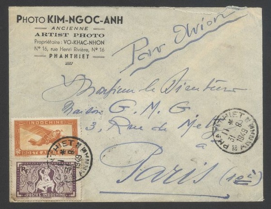 Item no. P316 (cover)
Type: cover
Country: North Vietnam
Date of use: 31 August 1949
Business stationery (cover) used by photographic studio PHOTO KIM-NGOC-ANH in Phanthiet (Indochina).
Item_no._p316__cover_.jpg