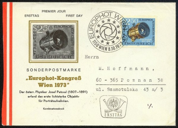 Item no. 2A (cover)
Type: cover
Country: Austria
Date of use: 8 October 1973
Cancel and stamp honoring the Europhot Congress in Vienna in 1973. The cancel was pressed on a special cover showing reproduction of the stamp that presents the first lens especially designed by Josef Petzval (1907 – 1891) for portraiture.
Item_no._2a__cover_.jpg