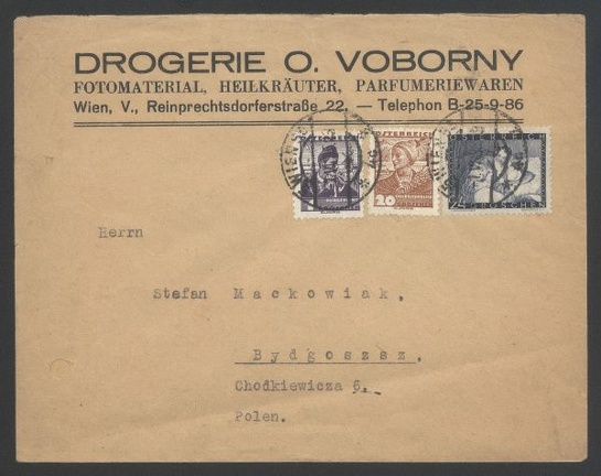 Item no. P301 (cover)
Type: cover
Country: Austria
Date of use: 7 June 1935
Business stationery (cover) used by drugstore DROGERIE O. VOBORNY in Wien (Vienna, Austria). Apart cosmetics and herbal medicines, the store offers also photographic materials.
Item_no._p301__cover_.jpg