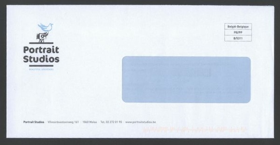 Item no. P311 (cover)
Type: cover
Country: Belgium
Date of use: c2000
Business stationery (cover) used by PORTRAIT STUDIOS in Meise (Belgium), an organized group of studios in various locations, offering assorted photo & video services.
Item_no._p311__cover_.jpg