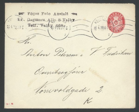 Type: cover
Country: Denmark
Date of use: 13 April 1920
Business stationery (cover) used by the photographic studio FÖGES FOTO ANSTALT in Valby (Denmark).
Item no. P305 (cover) Item_no._p305__cover_.jpg