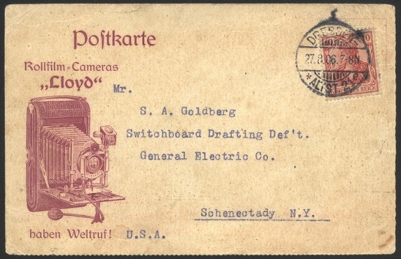 Item no. P43a (postcard, front)
Type: postcard (front of)
Country: Germany
Date of use: 27 August 1906
Business stationery (postcard, front of) used for international correspondence (to the USA) by Fabrik Photogr. Apparate (formerly R. Hüttig & Sohn) in Dresden (Germany). The company was for some time an European largest camera manufacturer, offering 90 camera types in 400 variations. It was also a producer of the first-ever single-lens reflex camera Zeus-Spiegel-Reflex.
Item_no._p43a__postcard__front_.jpg