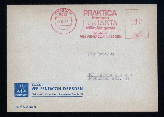 Item no. P425 (cover)
Type: cover
Country: DDR (German Democratic Republic)
Date of use: 13 December 1977
Business stationery (cover) used by Kombinat VEB Pentacon Dresden with meter advertising 35 mm PRAKTICA cameras and PENTAKTA microfilm cameras – main products manufactured by the Kombinat.
Item_no._p425__cover_.jpg
