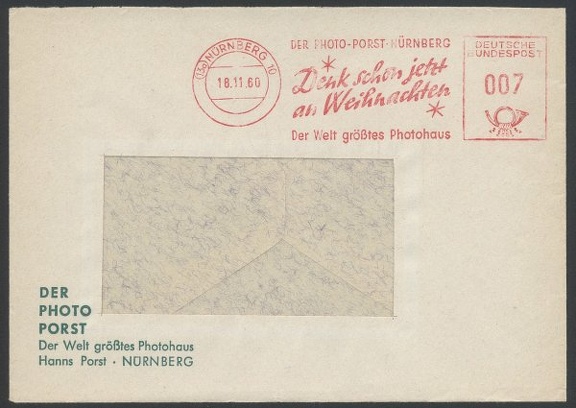 Item no. M158 (cover)
Type: cover
Country: Germany (West)
Date of use: 18 November 1960
Meter on business stationery used by the company PHOTO-PORST in Nürnberg (Germany), dealer in photographic equipment. The cover and red meter bear slogan advertising the company’s name and a caption “The world’s biggest photographic warehouse”.
Item_no._m158__cover_.jpg