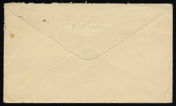 Item no. P255b (cover)
Type: cover
Country: Great Britain
Date of use: 19 January 1950
Business stationery (cover, back of) used by the company ILFORD LIMITED in London (England), manufacturer of photographic films and chemicals. The letter was used for international correspondence (to USA). The name of the company forms a relief embossed at the back of the cover. The postage stamp used is a perfin i.e. stamp bearing small round holes punched to form pattern of the company name's acronym IL .
Item_no._p255b__cover_.jpg