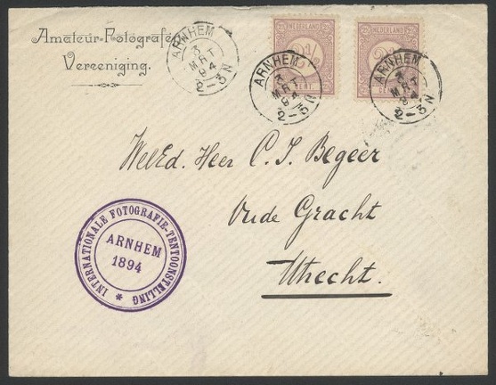 Item no. P38 (cover)
Type: cover
Country: The Netherlands
Date of use: 3 March 1894
Stationery of Dutch Organization of Amateur Photographers in Arnhem.
Item_no._p38__cover_.jpg