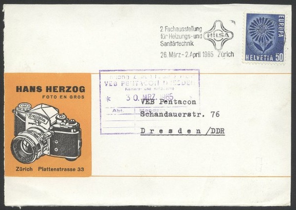 Item no. P35 (cover)
Type: cover
Country: Switzerland
Date of use: 20 March 1965
Business stationery (cover) used by Swiss wholesaler of photographic goods HANS HERZOG. The cover bears printed image of a German (DDR)-made 35 mm. SLR system camera EXAKTA Varex.
Item_no._p35__cover_.jpg