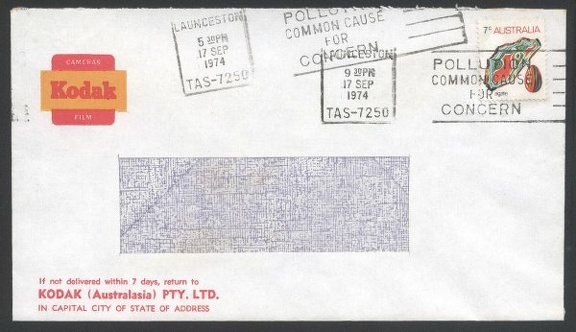 Item no. P280 (cover)
Type: cover
Country: Australia
Date of use: 17 September 1974
Business stationery (cover) used by the company KODAK (Australasia) Pty. Ltd. in Launceston (Tasmania, Australia).
Item_no._p280__cover_.jpg