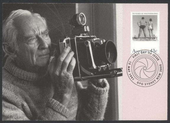 Item no. P431 (maxicard)
Type: cover
Country: Australia
Date of use: 13 May 1991
Maxicard with stamp (I) issued to commemorate the 150th Anniversary of Photography in Australia. The stamp shows reproduction of a photograph “Bondi” taken in 1939 by MAX DUPAIN (1911 – 1992).
The card features also special FDC relevant cancel and portrait of the photographer.
Item_no._p431__maxicard_.jpg