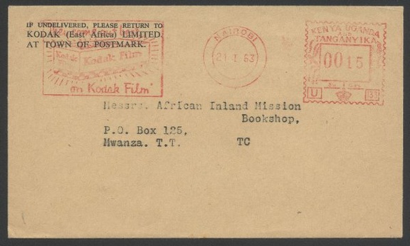 Item no. M206 (meter)
Type: frankmark
Country: Kenya, Uganda, Tanganyika
Date of use: 21 January 1963
Meter advertising KODAK film, used by the Kodak branch in Nairobi (Kenya).
Item_no._m206__meter_.jpg