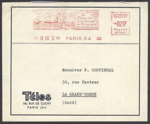 Item no. M146 (meter)
Type: frankmark
Country: France
Date of use: 18 March 1958
Business stationery (postcard) used by the comapny TÉLOS in Paris (France) with stamped meter advertising the German TLR (Twin Lens Reflex) camera ROLLEIFLEX.
Item_no._m146__meter_.jpg