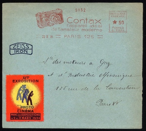 Item no. M39a (meter)
Type: frankmark
Country: France
Date of use: February 1934
Meter on cover (front of) advertising the CONTAX 35 mm camera with the slogan An ideal camera for modern amateur .
The meter is on ZEISS IKON stationery used by IKONTA - French branch in Paris.
The cover bears also label advertising 11th Exhibition of Photography and Cinematography to be held in the days 2 to 11 March 1934 at Versailles.
Item_no._m39__meter_.jpg