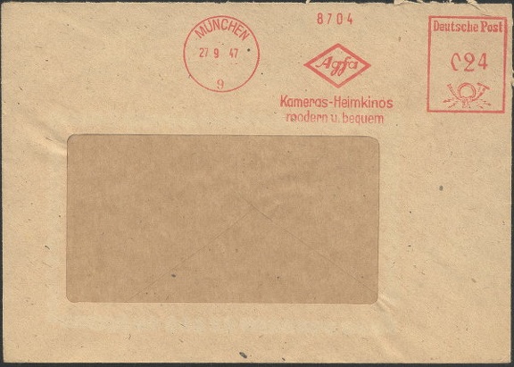 Item no. M138a (meter)
Type: frankmark
Country: Germany
Date of use: 27 September 1947
Meter on business stationery (cover) advertising the company AGFA products - cameras and home projection utensils.
Item_no._m138a__meter_.jpg