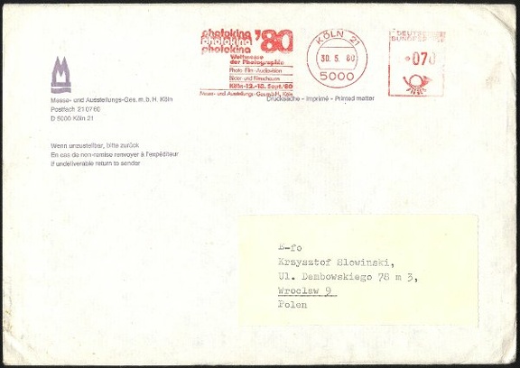 Item no. M51 (meter)
Type: frankmark
Country: Germany (West)
Date of use: May 1980
Meter advertising PHOTOKINA Weltmesse der Photographie in Köln (World Fair of Photography in Cologne).
Item_no._m51__meter_.jpg