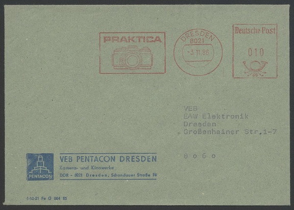 Item no. M115 (meter)
Type: frankmark
Country: DDR (German Democratic Republic)
Date of use: 3 November 1986
Meter on business stationery (cover) used by VEB PENTACON DRESDEN – KAMERA- UND KINOWERKE, advertising 35 mm SLR PRAKTICA miniature camera, manufactured by VEB PENTACON DRESDEN (DDR).
Item_no._m115__meter_.jpg