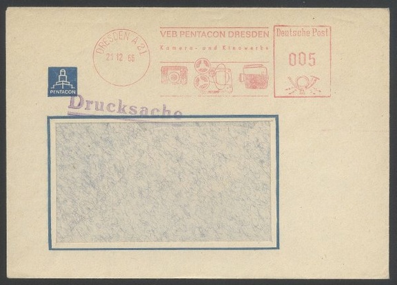 Item no. M154a (meter)
Type: frankmark
Country: DDR (German Democratic Republic)
Date of use: 21 December 1966
Meter on business stationery used by VEB PENTACON DRESDEN Kamera- und Kinowerke, manufacturer of photo and cine cameras and tape recorders.
Item_no._m154a__meter_.jpg