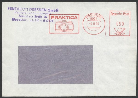 Item no. M97 (meter)
Type: frankmark
Country: Germany (though still named DDR - not long after
political system transformation)
Date of use: 9 November 1990
Meter advertising 35 mm SLR PRAKTICA cameras manufactured by Pentacon Dresden GmbH (formerly - VEB Pentacn Dresden).
Item_no._m97__meter_.jpg