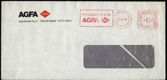 Item no. 122 (meter)
Type: frankmark
Country: Italy
Date of use: September 1989
Meter (on cover) advertising the company AGFA.
Item_no._122__meter_.jpg