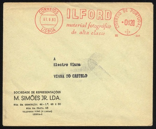 Item no. M57 (meter)
Type: frankmark
Country: Portugal
Date of use: June 1963
Meter advertising ILFORD photographic materials (ILFIRD Ltd. is British manufacturer of films and chemicals for photography and cinematography).
Item_no._m57__meter_.jpg
