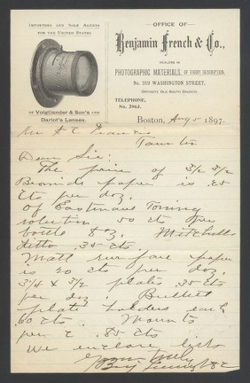 Item no. P330b (letter)
Type: cover
Country: USA
Date of use: 5 August 1897
Business letter (I) of 5 August 1897 written by the company BENJ. FRENCH & CO., in Boston (Massachusetts, USA), dealers in photographic goods of every description, sole American Agents for the celebrated Voigtländer Euryscopes and Darlot lenses. Item_no._p330b__letter_.jpg