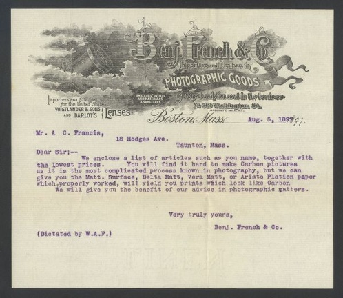 Item no. P330c (letter)
Type: cover
Country: USA
Date of use: 5 August 1897
Business letter (II) of 5 August 1897 written by the company BENJ. FRENCH & CO., in Boston (Massachusetts, USA), dealers in photographic goods of every description, sole American Agents for the celebrated Voigtländer Euryscopes and Darlot lenses. Item_no._p330c__letter_.jpg