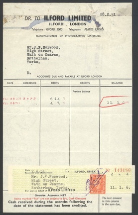 Item no. P96 (invoice)
Country: Great Britain
Date of use: 28 February 1951
Business document (invoice) used by the ILFORD LIMITED, British manufacturer of photographic films, papers and chemicals. The invoice was sent to the addressee in folded form, without cover, with small stamped address card stuck to the document. The revenue stamp used is a “perfin” i.e. stamp bearing small round holes punched to form pattern of the company name’s acronym “IL”, and was cancelled with provisional cancel.
Item_no._p96__invoice_.jpg