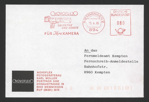 Item no. M225 (meter)
Type: frankmark
Country: Germany
Date of use: 15 April 1985
Meter on business stationery used by the company NOVOFLEX in Memmingen (Germany), manufacturer of photographic lenses and accessories (tripod heads, lens adapters etc.)
Item no. m225 (meter).jpg