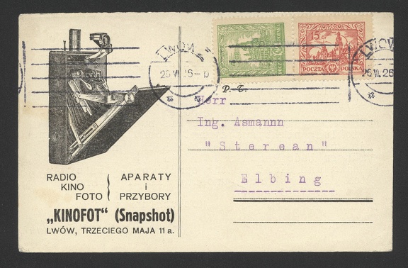 Item no. P542a (postcard)
Type: postcard
Country: Poland
Date of use: 26 June 1926
Business stationery (postcard, front of) used by the warehouse KINOFOT (Snapshot) in Lwow (then Poland – presently Ukraine). The shop offered radios, photo- and cine cameras, and accessories.
See also: OT1 Item no. P542a (postcard).jpg