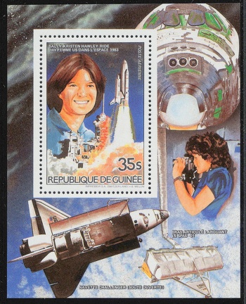 Item no. S261 (stamp)
Type: stamp
Country: Guinea
Date of issue: 26 May 1985
Catalog number: Scott no. 929 (of 925 – 930)
Stamp (in form of a souvenir sheet) of 6-stamp set commemorating space achievements. It honors SALLY KRISTEN RIDE (1951 - 2012), American physicist and astronaut, first American woman in space (STS-7 mission in 1983). The illustration shows space shuttle Challenger, portrait of Sally K. Ride and, at the margin – her holding a camera.
Item no. S261 (stamp).jpg