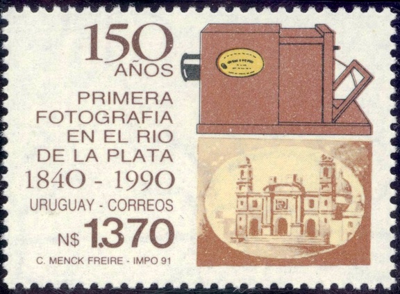 Item no. S241 (stamp)
Type: stamp
Country: Uruguay
Date of issue: 12 September 1991
Catalog number: Scott no. 1388
Stamps commemorating the 150th anniversary of the first photograph taken in Rio de la Plata 1840-1990 (Uruguay), thus honoring also the 150th Anniversary of Photography in the world. It shows an early Giroux daguerreotype camera and the first photograph taken in the country.
Item no. S241 (stamp).jpg