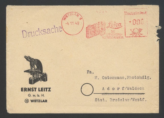 Item no. M201 (meter)
Type: frankmark
Meter on business stationery (cover) used by ERNST LEITZ GmbH WETZLAR (Germany), advertising microscopes, optical measuring instruments and miniature camera LEICA Item no. M201 (meter.jpg