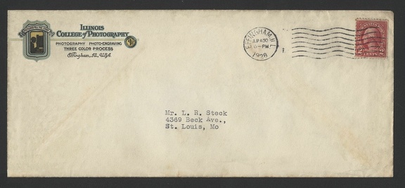 Item no. P584 (cover)
Type: cover
Country: USA
Date of use: 30 April 1928
Business stationery (cover) used by the ILLINOIS COLLEGE OF PHOTOGRAPHY in Effingham (Illinois, USA). The school educated in photography, photoengraving and in three-color process.
Item no. P584 (cover).jpg