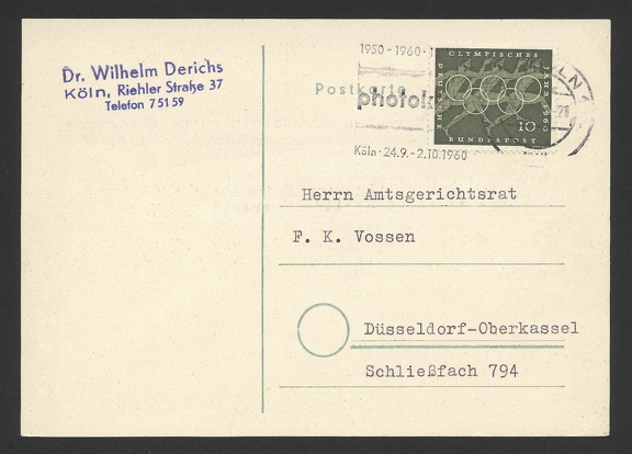 Item no. C113 (cancel)
Type: cancel
Country: Germany (West)
Date of use: September 1960
A jubilee cancel on cover informing of the 10th anniversary of PHOTOKINA, the World Fair of Photography in Cologne (Köln, Germany). The Fair was to be held from 24th of September to 2nd of October 1960.
Item no. C113 (cancel).jpg