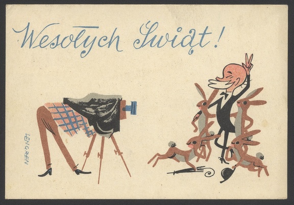 Item no. FP2 (funny postacrd)
Postcard designed by Polish graphic artist - cartoonist, caricaturist and illustrator ZBIGNIEW LENGREN (1919 - 2003).
The caption (in Polish) reads: Happy EASTER ! Item no. FP2 (funny postcard).jpg