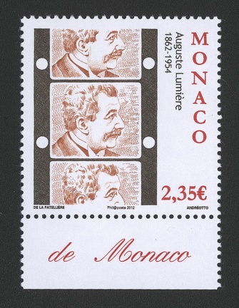 Item no. S269
Type: stamp
Country: Monaco
Date of issue: 2012
Catalog number:
Stamp commemorating the 150th anniversary of birth of AUGUSTE LUMIERE (1862 - 1954), the elder brother of Lumiere Brothers - French chemists, inventors of cinema and of the first commercially successful color photographic process using color material Autochrome.
Item no. S269 (stamp).jpg