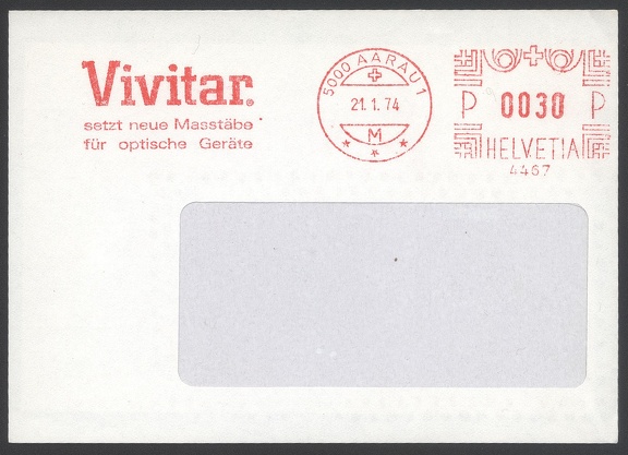 Item no. M240 (meter)
Type: frankmark
Country: Switzerland
Date of use: 21 January 1974
Meter on cover used by Swiss branch of VIVITAR CORPORATION, manufacturer, distributor and marketer of optical and photographic equipment. The company was founded in 1938 by Max Ponder and John Best as Ponder & Best, and was based in Oxnard (California, USA). The slogan reads: “Vivitar sets new standards to optical devices ”. Since 2008 the Vivitar brand name is used by the company Sakar International in Edison (New Jersey, USA).
Item no. M240 (meter).jpg