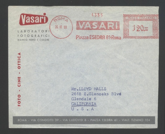 Item no. M242 (meter)
Type: frankmark
Country: Italy
Date of use: 20 October 1960
Meter (on cover) advertising the company VASARI, photographic warehouse and lab in Rome (Italy).
Item no. M242 (meter).jpg