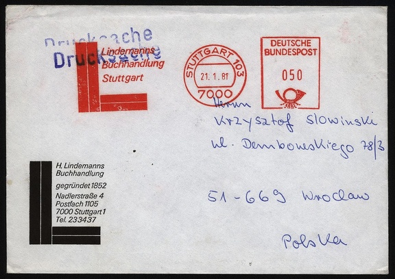 Item no. P644 (cover)
Type: cover
Country: Germany
Date of use: 21 January 1981
Business stationery (cover) used by bookstore LINDEMANNS BUCHHANDLUNG in Stuttgart, the biggest store that specializes in books on photography. The cover bears relevant red frankmark with name of the store.
Item no. P644 (cover).jpg