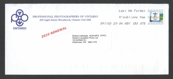 Item no. P651 (cover)
Type: cover
Country: Canada
Date of use: 3 November 2009
Business stationery (cover) used by the society PROFESSIONAL PHOTOGRAPHERS OF ONTARIO in Woodstock (Ontario, Canada).
Item no. P651 (cover).jpg