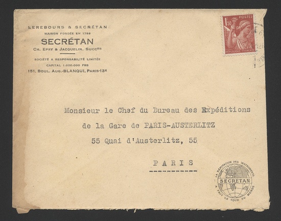Item no. P660 (cover)
Type: cover
Country: France
Date of use: 1940s
Business stationery (cover) used by the company CH. EPRY & JACQUELIN in Paris (France), successors of the company LEREBOURS & SECRETAN – a manufacturer of optical instruments, one of the oldest in France. The L & S company besides numerous scientific and measuring optical instruments produced also photographic lenses, including the Petzval lens, and daguerreotype cameras. Noël Marie Paymal LEREBOURS (1807 – 1873) was optician and active daguerreotypist, and Marc Francois Louis SECRETAN (1804 – 1877) was professor of astronomy.
Item no. P660 (cover).jpg
