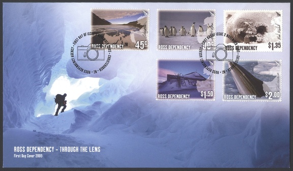 Item no. P673 (cover)
Type: cover
Country: Ross Dependency
Date of issue: 2 November 2005
Catalog number:
FDCover (bearing special cancel showing a camera) with 5 stamps of the set “ROSS DEPENDENCY - THROUGH THE LENS”. The stamps show reproductions of photographs (I) “Dry Valleys” by Craig Potton; (II) “Emperor Penguins” by Andris Apse; (III) “Fur Seal” by Mark Mitchell; (IV) “Scott’s Hut” by Colin Monteath and (V) “Whale” by Kim Westerskov. Each photograph bears facsimile of author’s handwritten signature.
Item no. P673 (cover).jpg